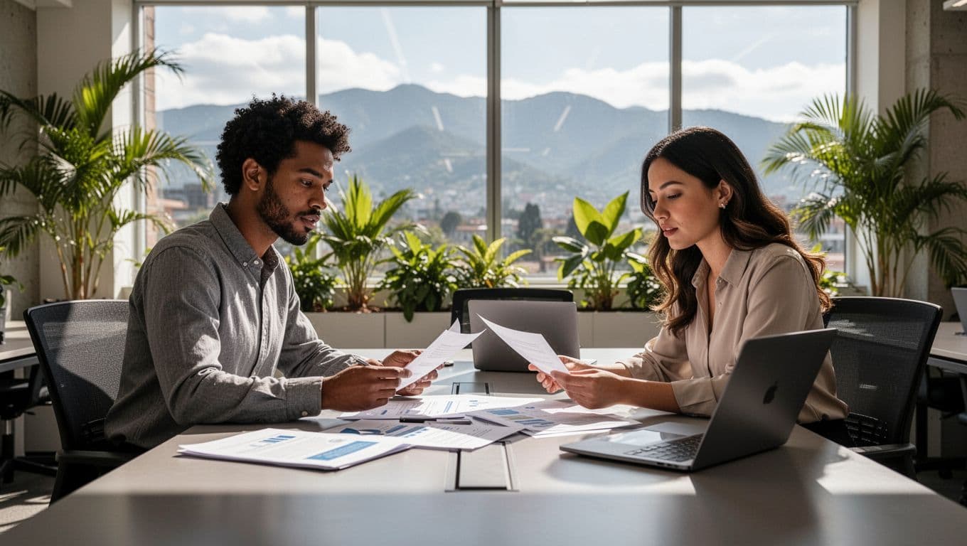 Modern open office in San Jose, Costa Rica featuring two diverse professionals—one man and one woman—reviewing hiring documents on a table with laptops nearby, tropical plants, and a window view of mountains under bright natural daylight in a professional atmosphere.