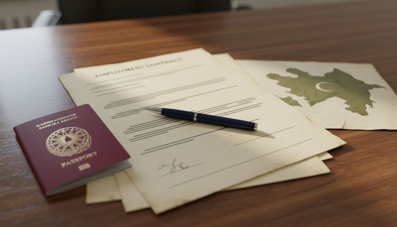 Close-up of signed employment contract papers and pen on wooden desk beside passport and Azerbaijan map outline, soft office lighting, realistic photo style, high detail on documents.