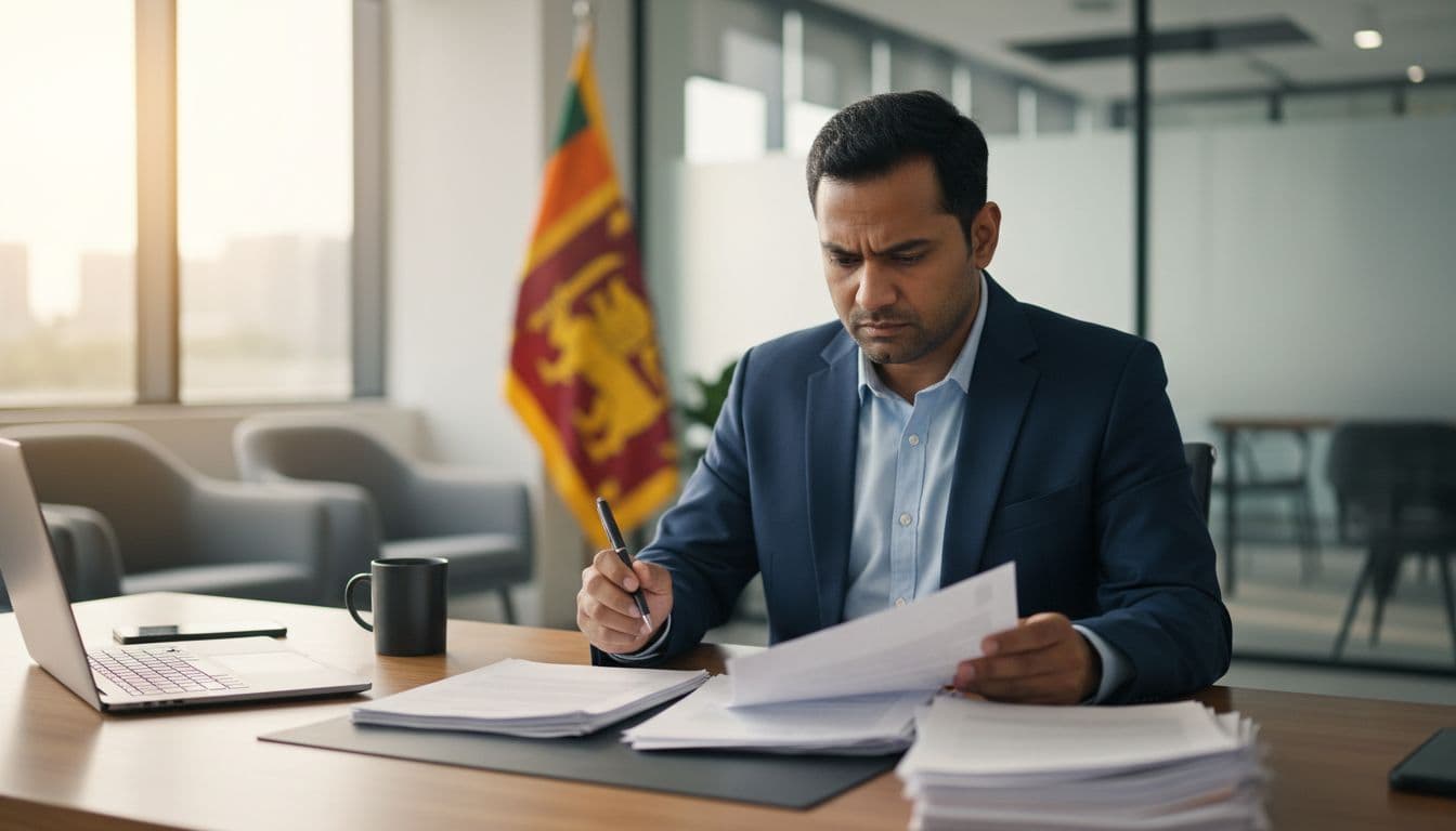 A focused business professional reviews contract documents at a modern office desk, with a subtle Sri Lankan flag in the background under warm lighting.