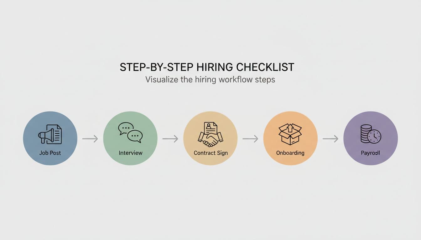 Step-by-step infographic style illustration of hiring process flowchart with simple icons for job post, interview, contract sign, onboarding, and payroll. Clean vector art in neutral colors, landscape composition, bright professional lighting.
