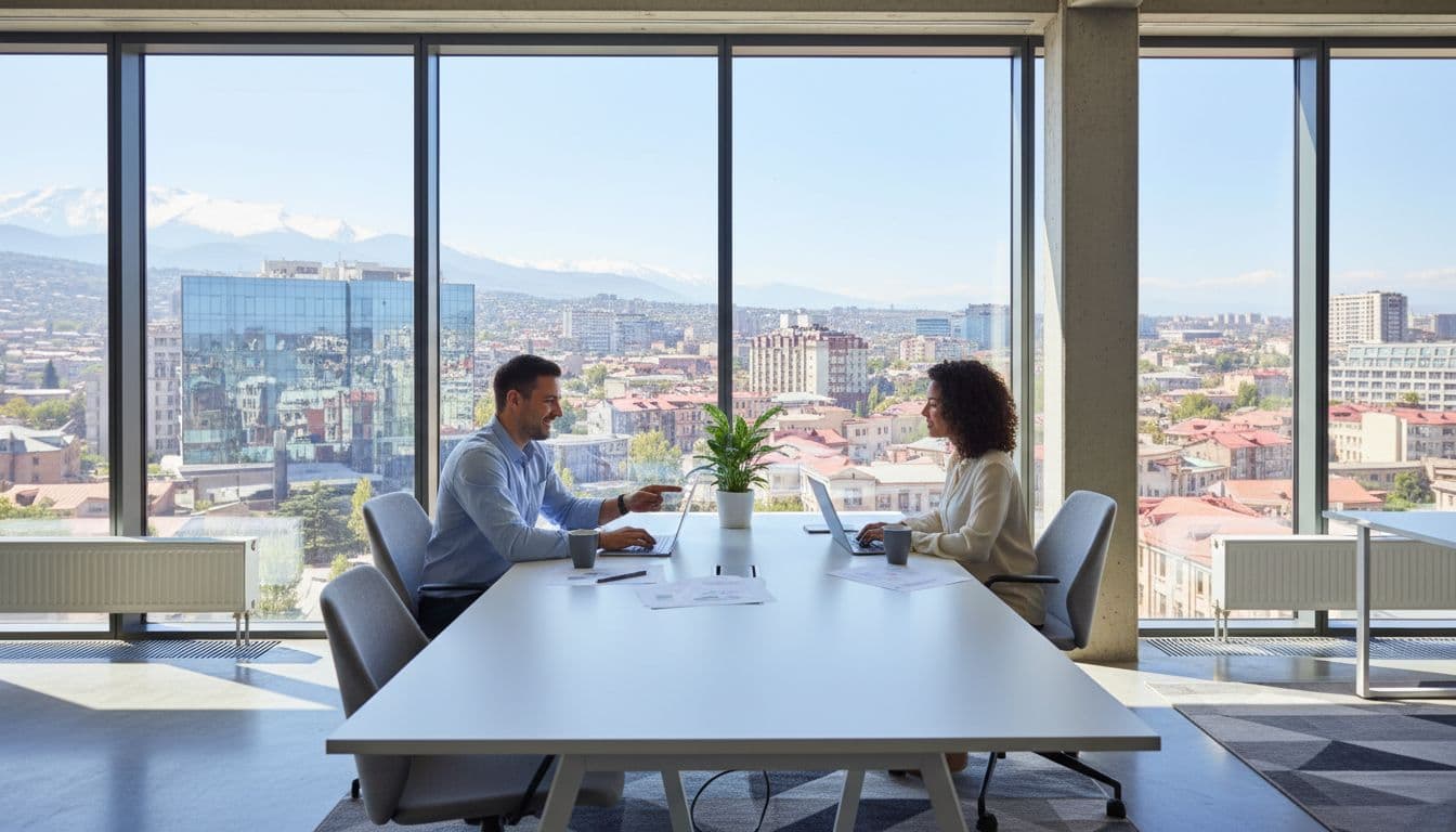 Modern office in Tbilisi, Georgia, with a diverse team of one man and one woman working on laptops, sunny window view of city skyline, collaborative atmosphere in natural daylight.