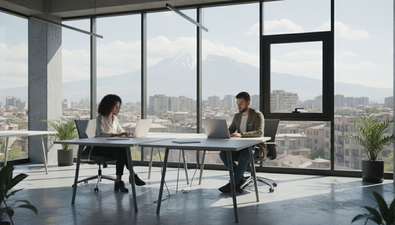 Modern office in Yerevan, Armenia with two diverse professionals collaborating at desks on laptops, city skyline view through windows, natural daylight.