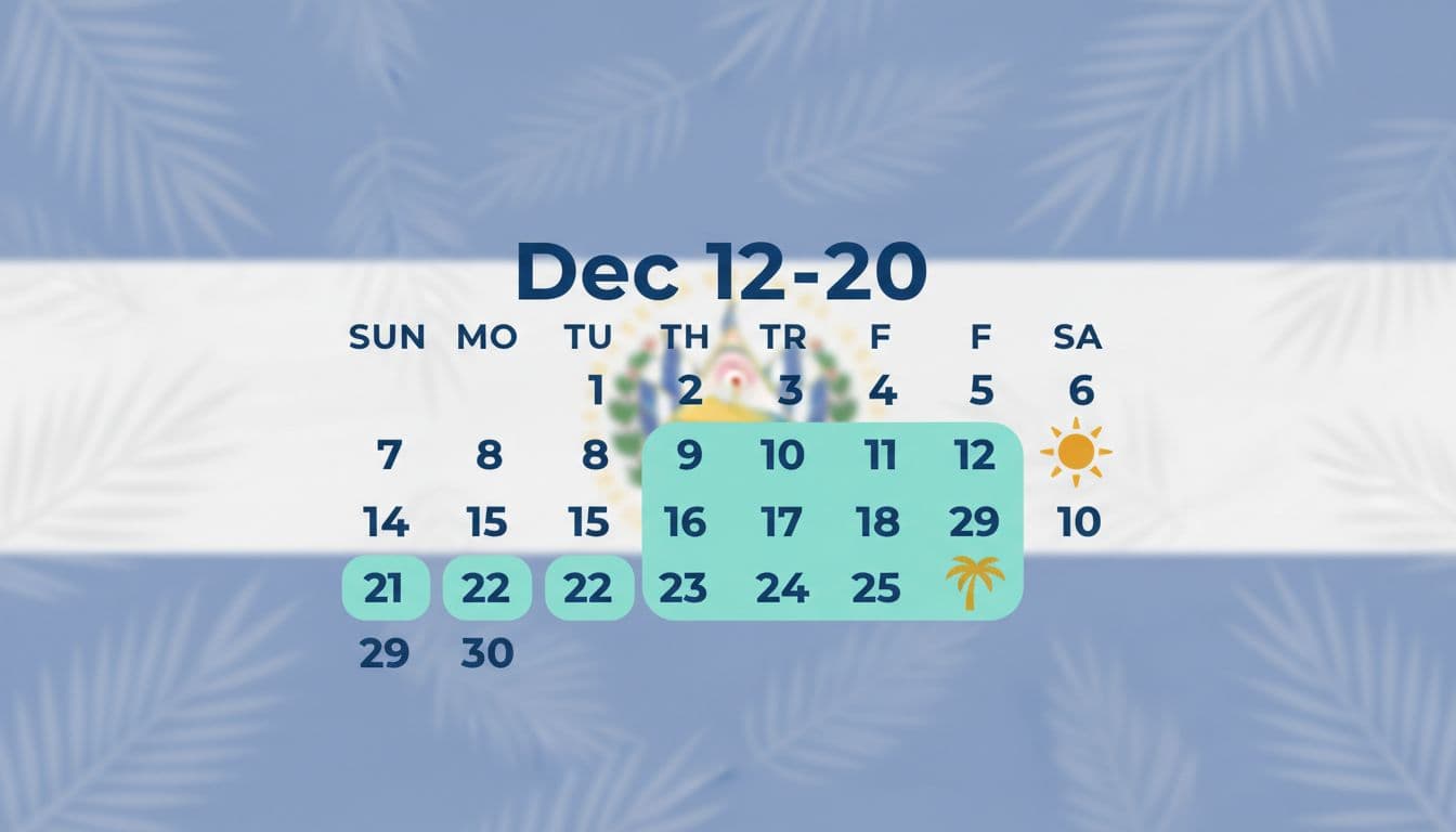Calendar graphic highlights Dec 12-20 with bonus icons over Salvadoran flag background.