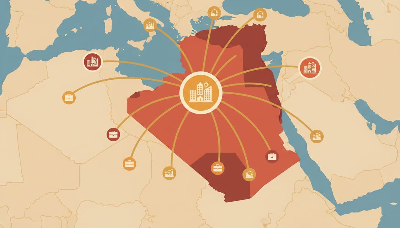 Map of Algeria highlighting Algiers, Oran, Constantine with business icons in flat warm design.
