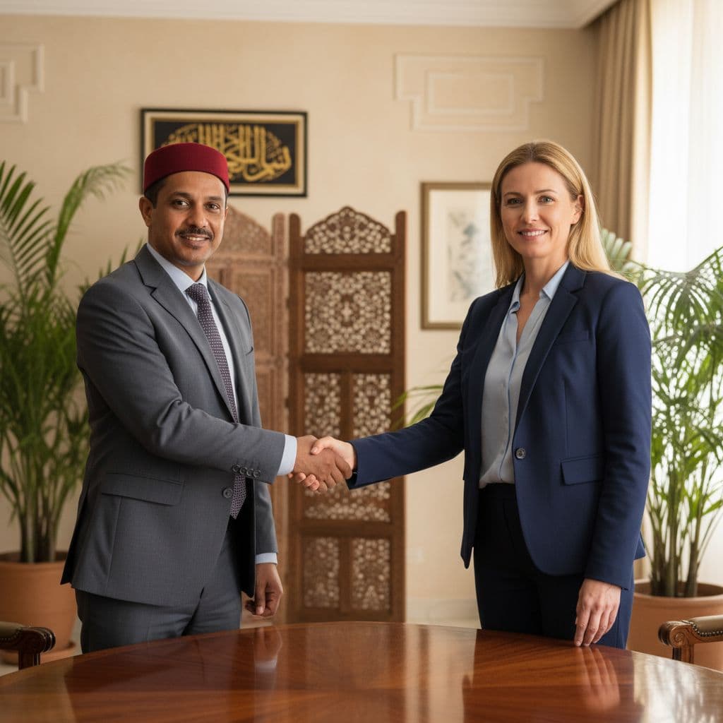 Local businessperson and international executive shake hands in brightly lit meeting room with subtle Algerian decor.