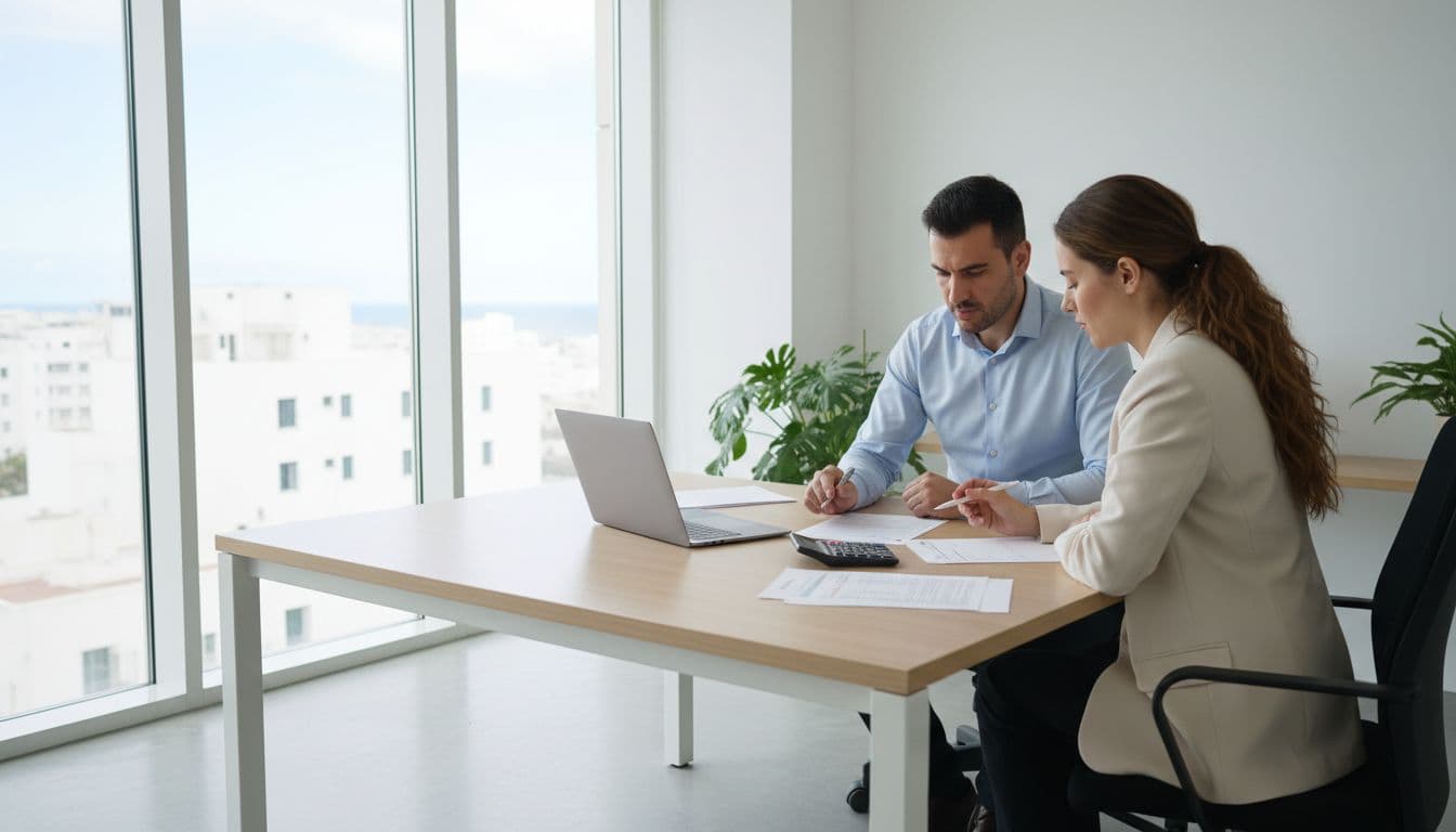 Male and female professionals review payroll documents on desk in modern Algiers office with window light.