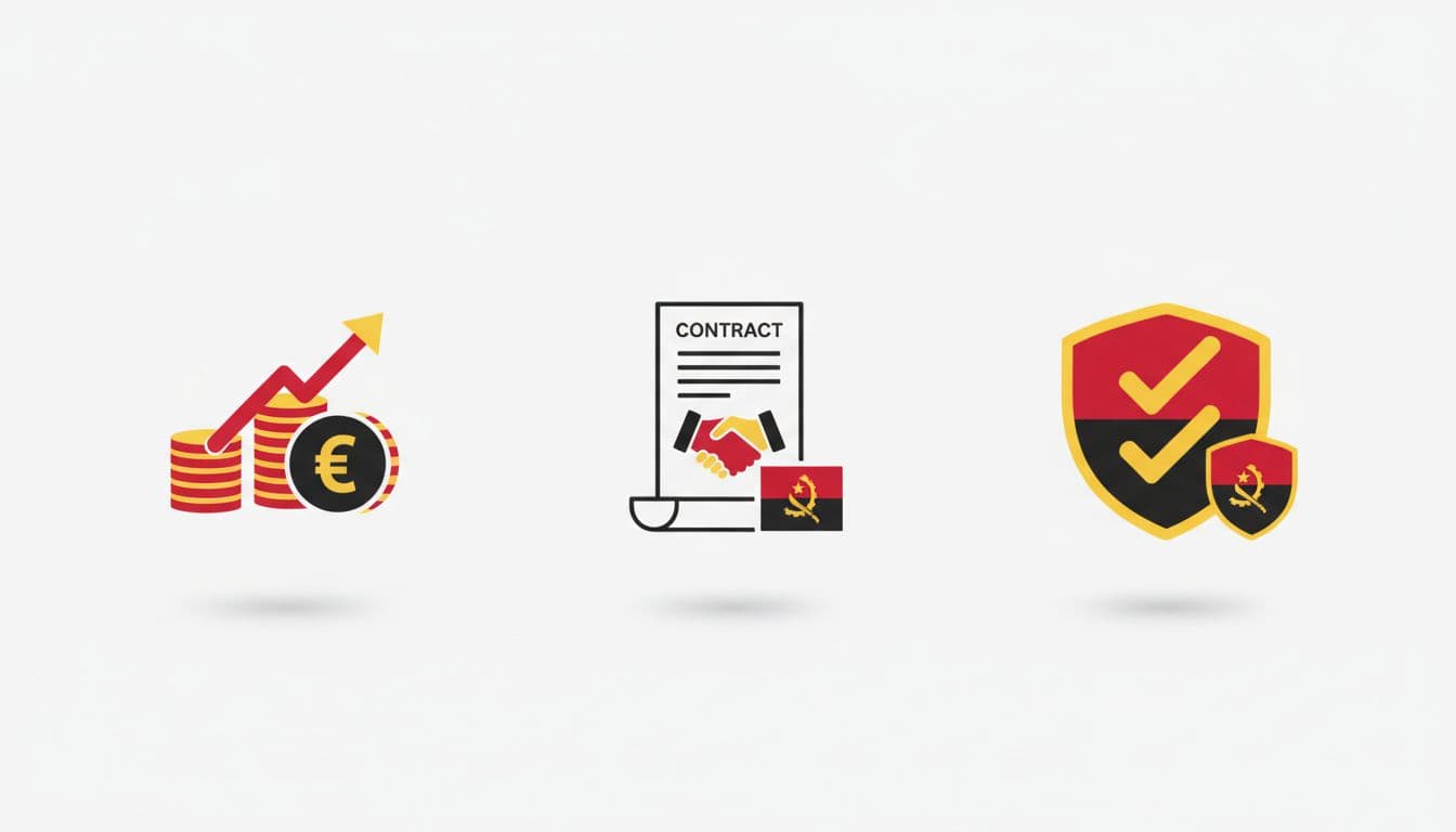 Flat icons of payroll, contract, and compliance checkmarks in Angola flag colors arranged in sequence on white background.
