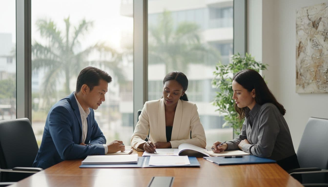 Three diverse professionals review documents at a conference table in a modern sunlit office.