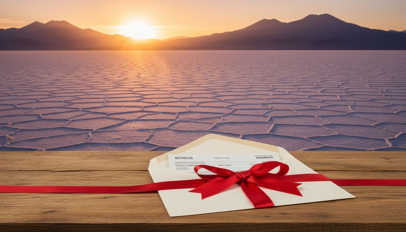 Red ribbon-tied envelope with visible bonus payslip on wooden table against subtle Salar de Uyuni sunset.