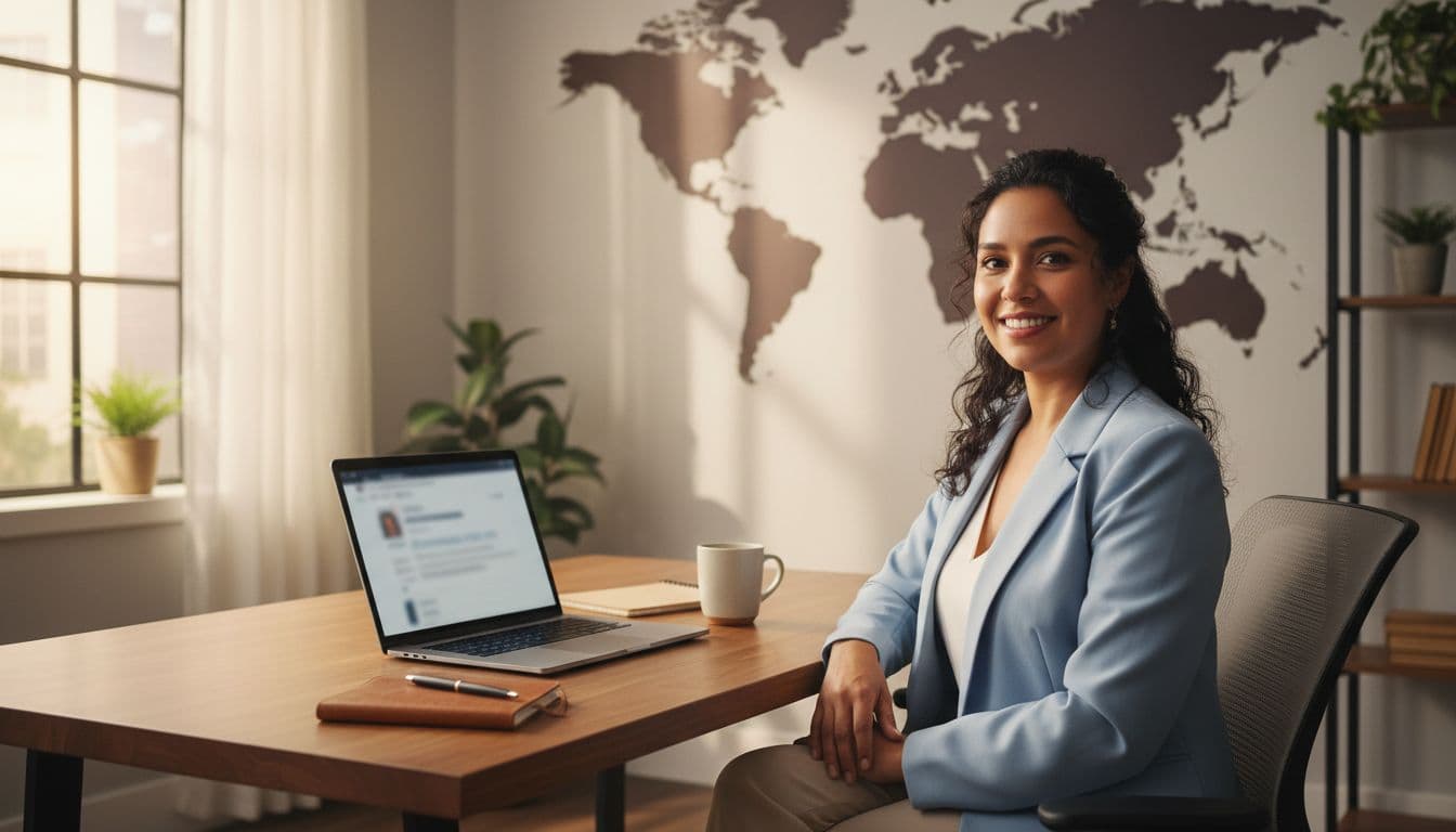 Diverse professional smiles at camera in modern home office with Bolivia on world map background, angled laptop, coffee mug, and notepad.