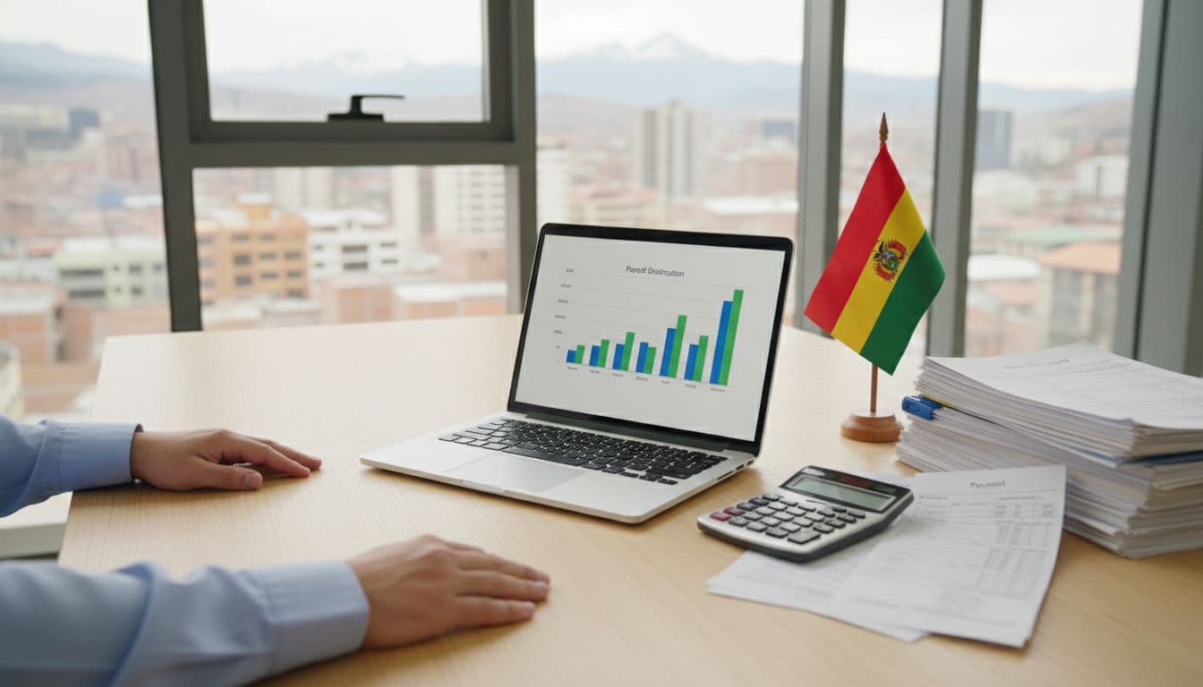 Office desk with payroll documents, payslips, calculator, angled laptop chart, Bolivian flag, and resting hands.