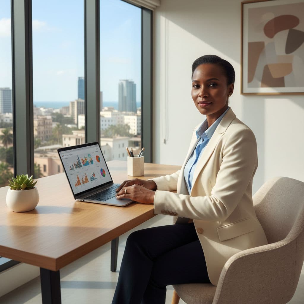 A business professional sits at a clean desk with a laptop in a bright modern office.