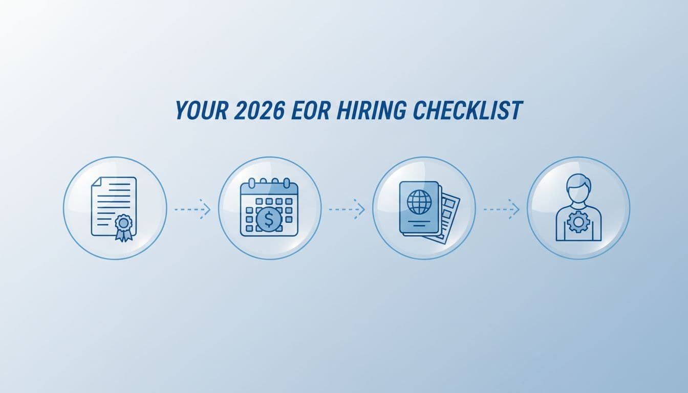 Simple icons of contract documents, payroll calendar, visa stamps connected by arrows on soft blue background.
