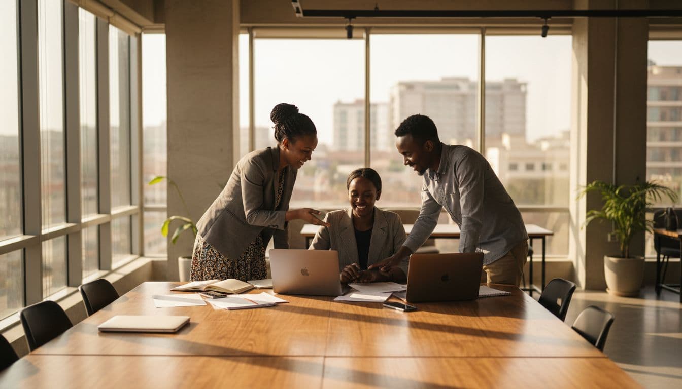 Three young Ethiopian professionals collaborate around a table with laptops and notebooks in a modern co-working space with natural daylight.