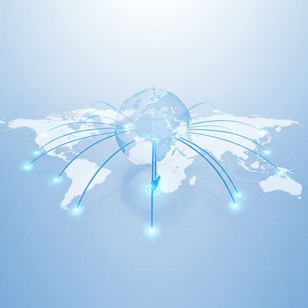 A stylized digital globe sits centrally, surrounded by glowing interconnected nodes and light blue paths. These lines spread across a white backdrop to signify expanding business networks and international growth.