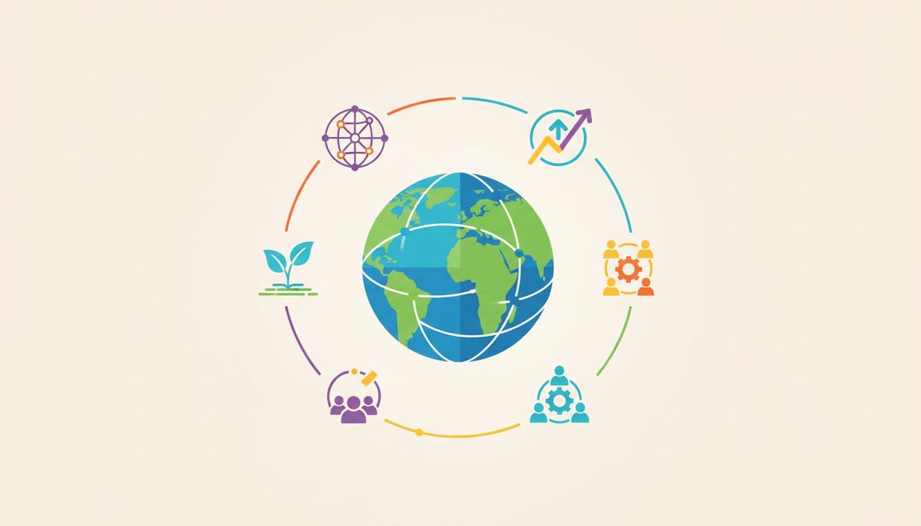 A minimalist globe surrounded by colorful icons representing team growth and business connectivity.