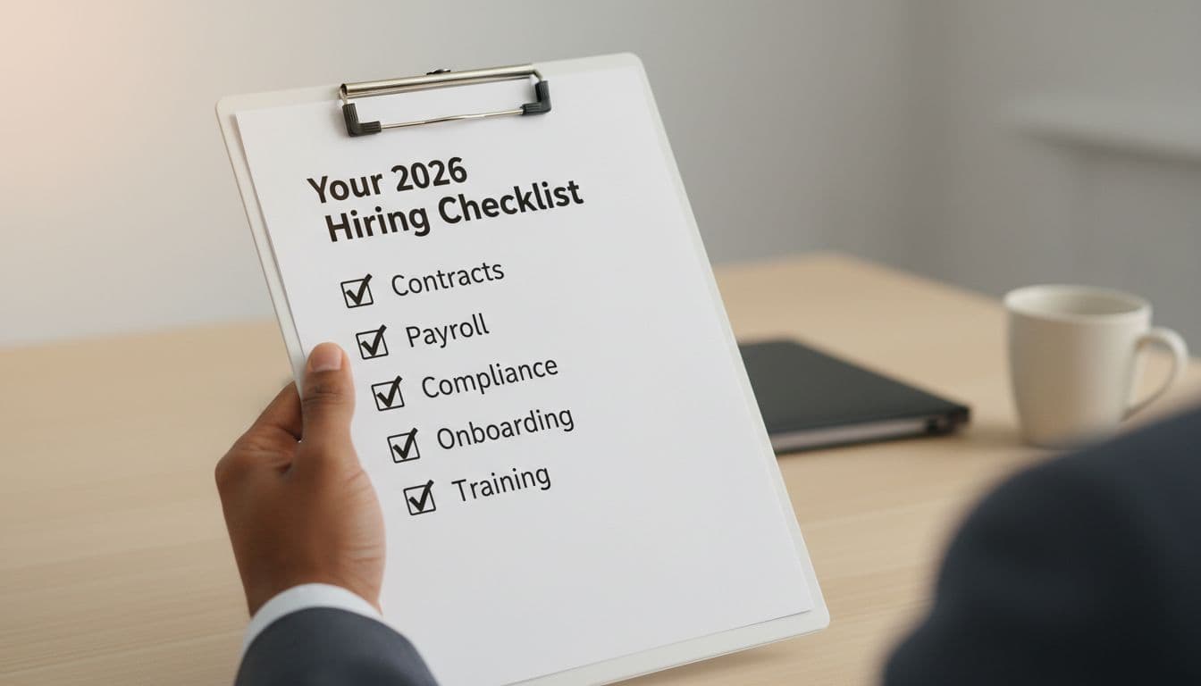 Hand holds clipboard with checkmarks next to hiring items like contracts and compliance on office desk.