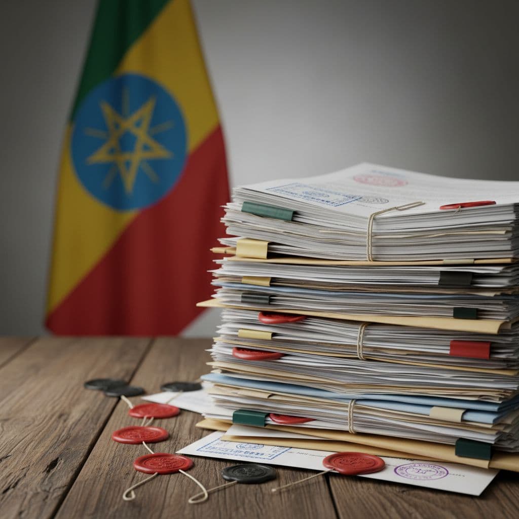 Stack of legal documents, contracts, and stamps on wooden desk with subtle Ethiopian flag in background.