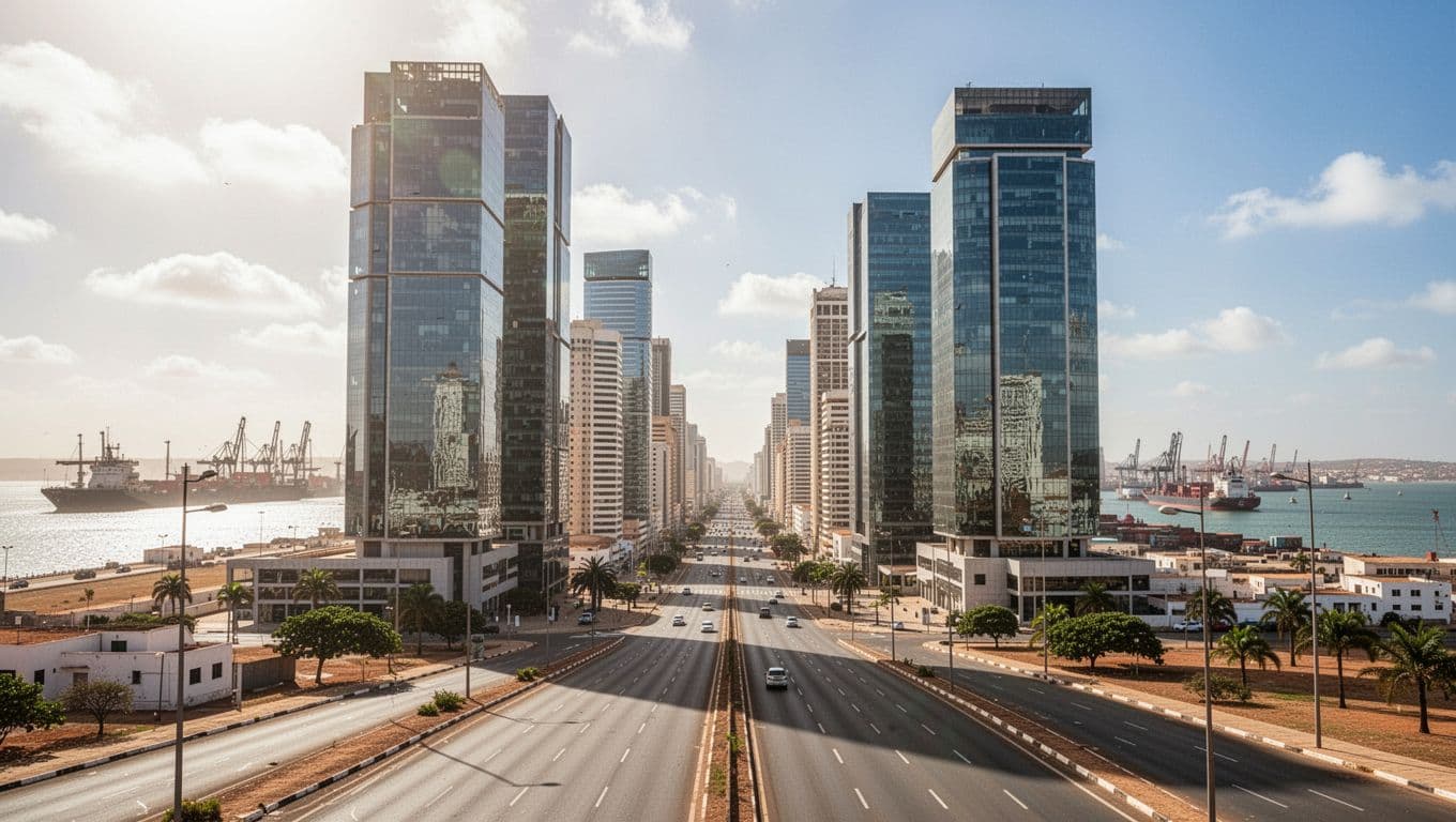 Modern high-rise offices in Luanda business district with port in background on sunny day.