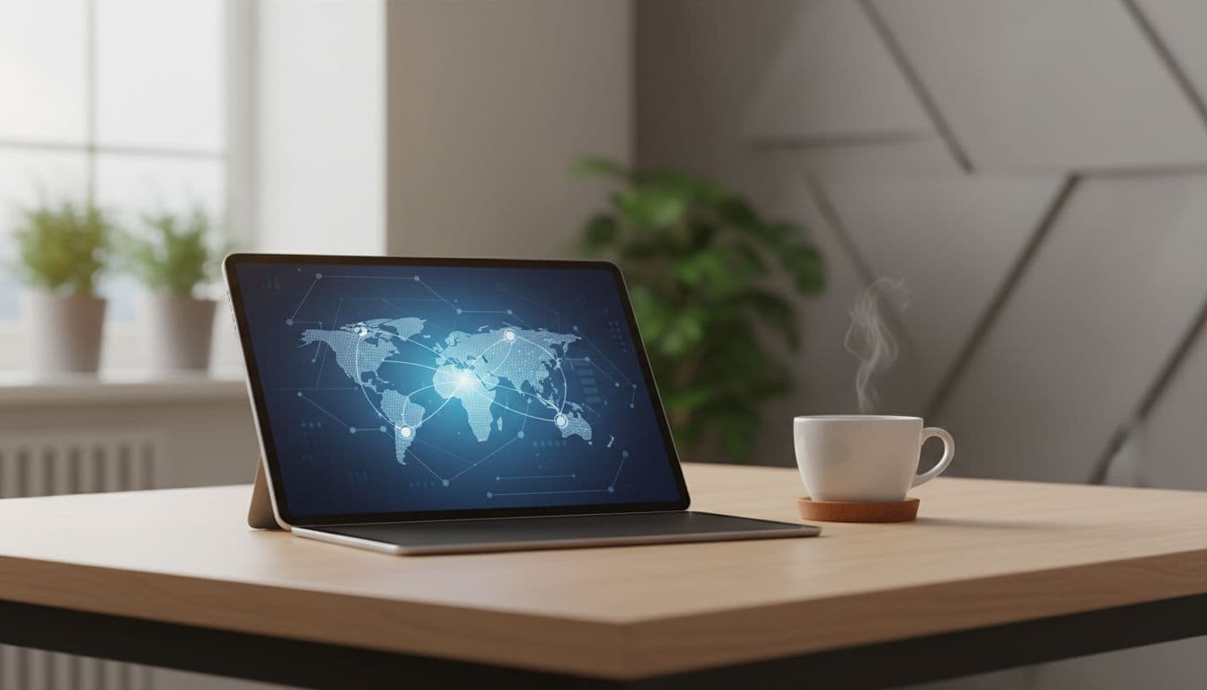 Clean desk holds modern tablet and coffee cup under warm indoor light.