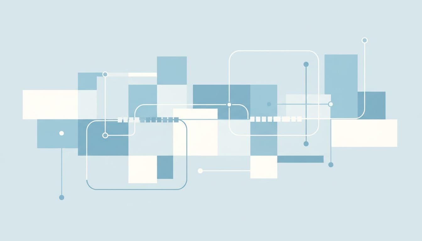 Geometric shapes in soft blue and white arranged in balanced minimalist design.