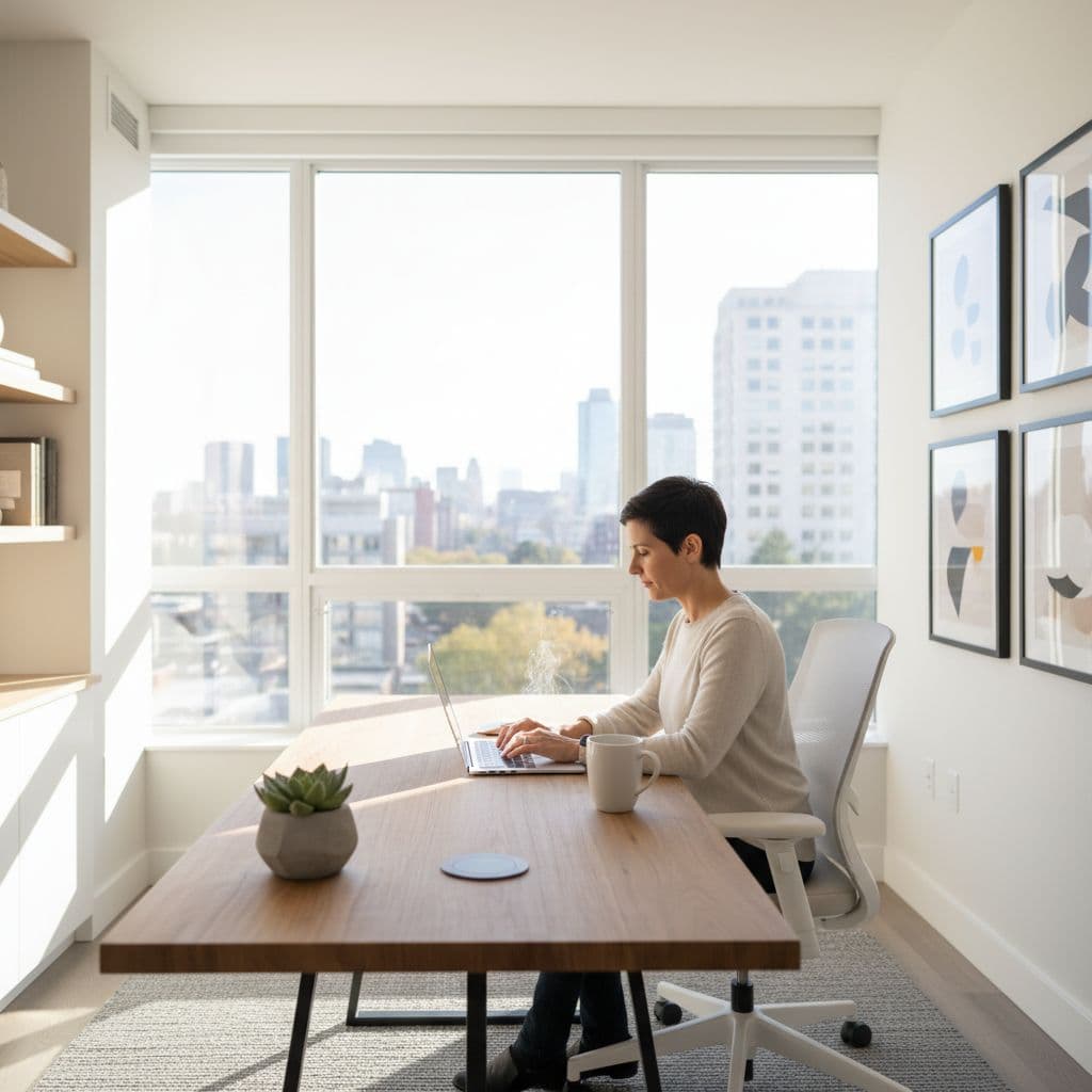 A professional working on a laptop at a minimal wooden desk in a sunlit office.