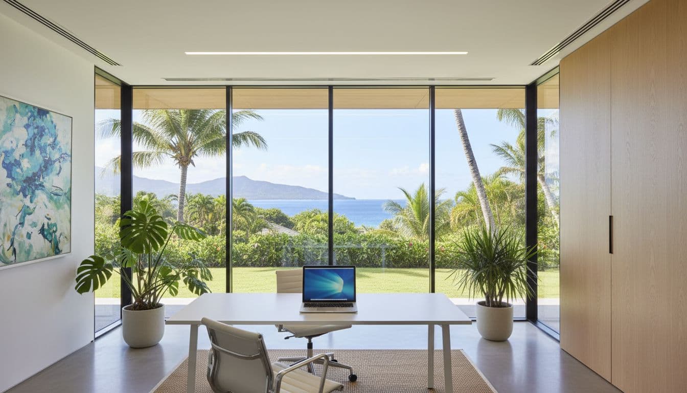 Bright office with desk, laptop, and tropical plants in daylight.
