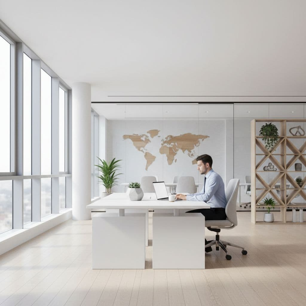 A focused professional works on a laptop at a sleek desk within a bright, open-plan office. Large windows fill the contemporary space with soft daylight, highlighting an atmosphere of international growth.