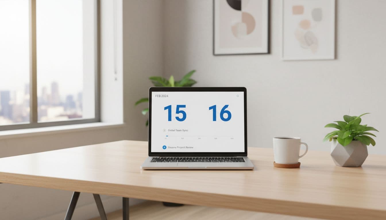 A laptop with a digital calendar sits on a wooden desk beside a warm cup of coffee.