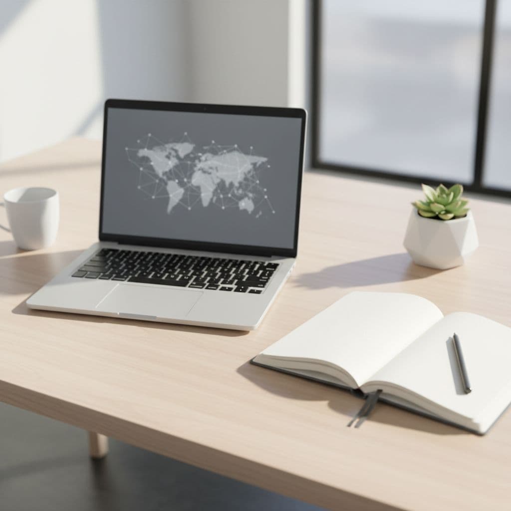 A top-down view of a tidy office desk featuring a laptop and a notebook in natural daylight.