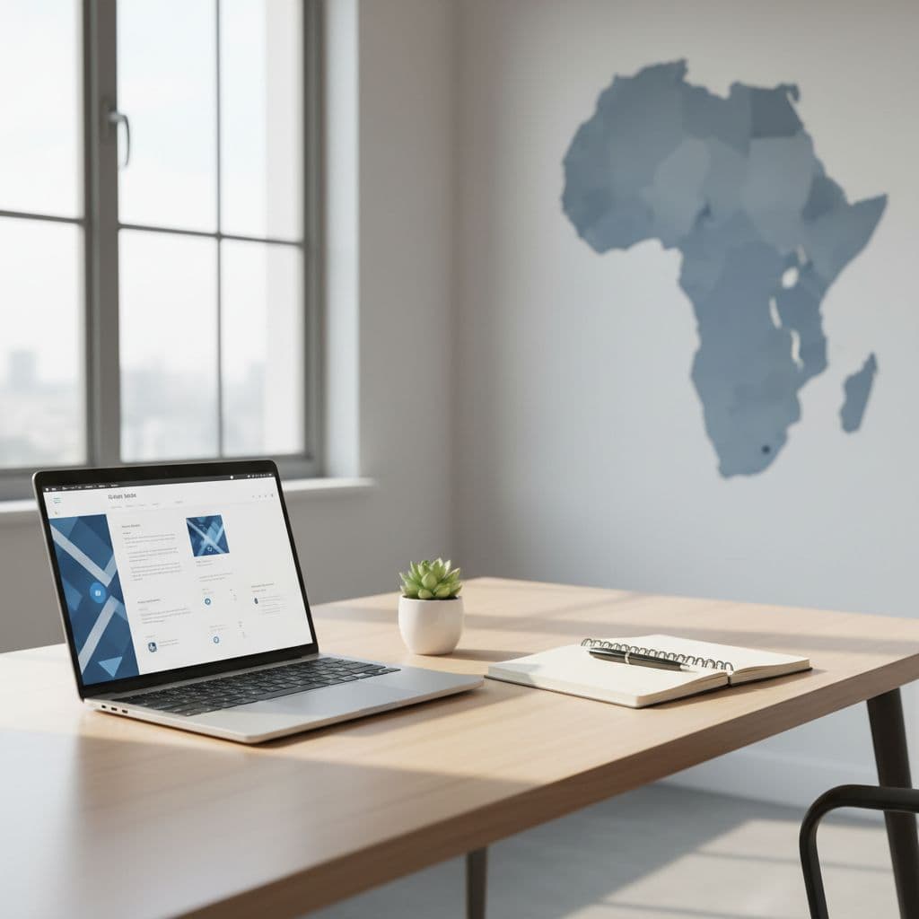 A clean office desk featuring a laptop and notebook with a blurred West African map background.