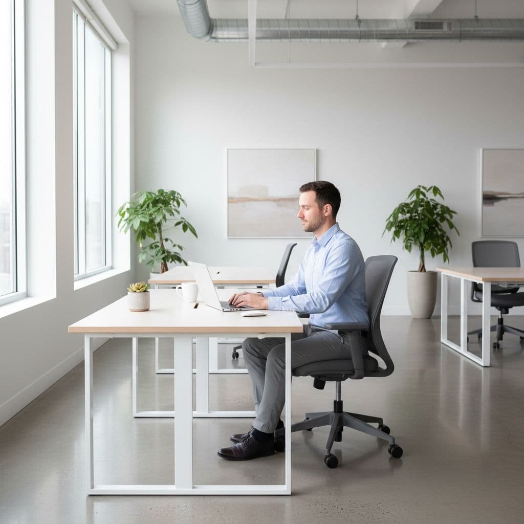 Single person works on laptop at tidy desk in bright modern office.