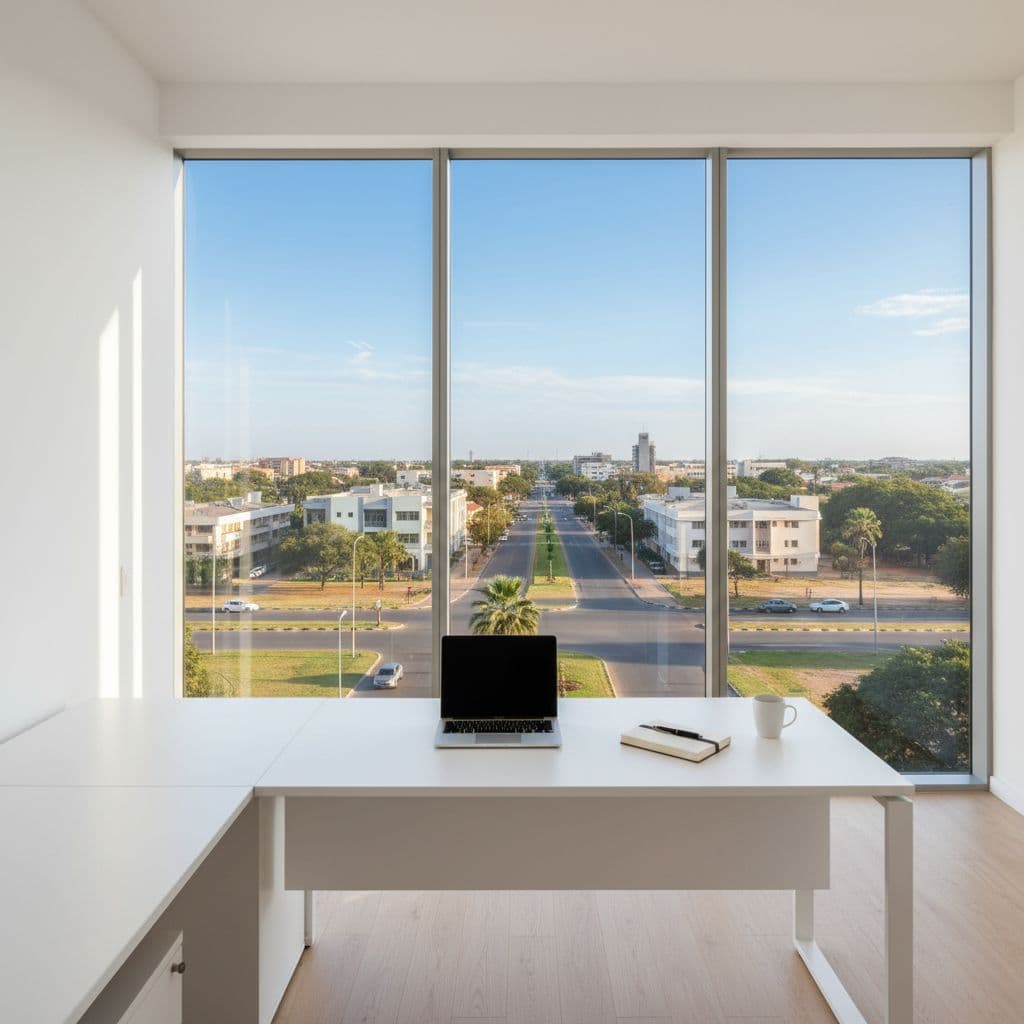 A minimalist office desk with a laptop and notebook overlooking a quiet, sunny urban landscape.