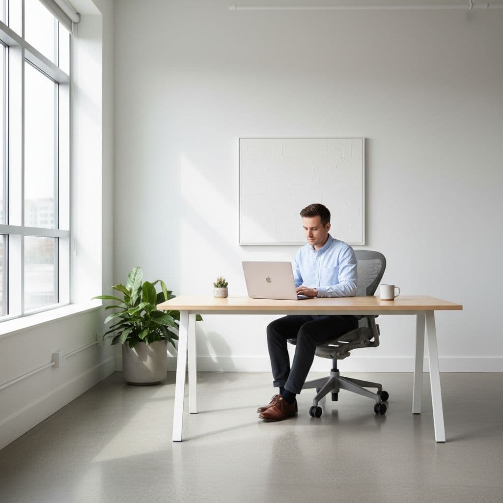 One person works on a laptop at a clean wooden desk in a bright minimalist office with natural window light.