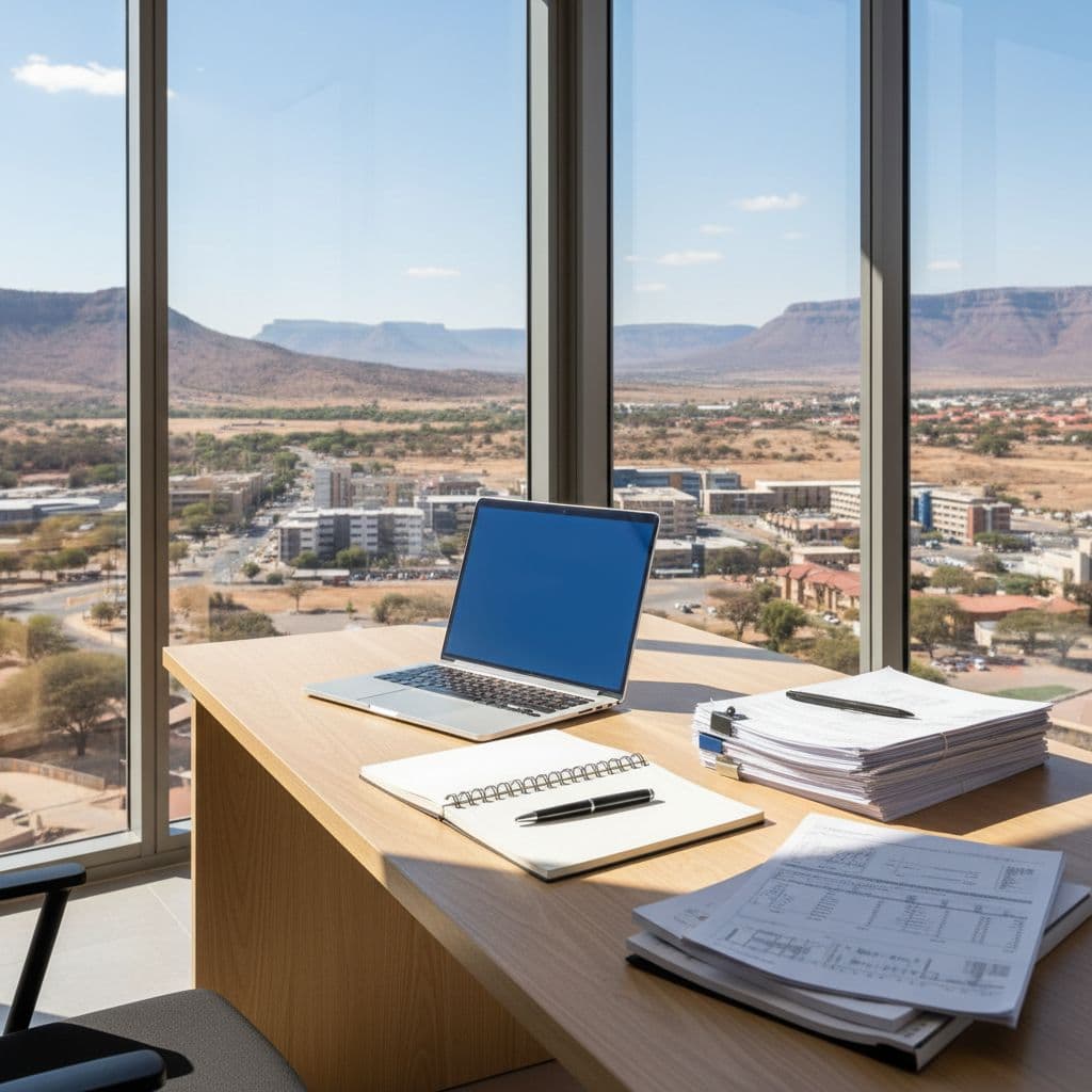 A clean office desk features a laptop, notebook, and legal documents illuminated by natural window light.