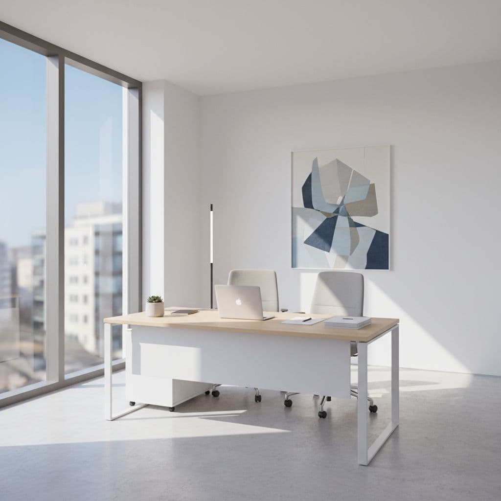 A minimalist, sunlit office desk featuring a laptop and organized documents in a professional environment.