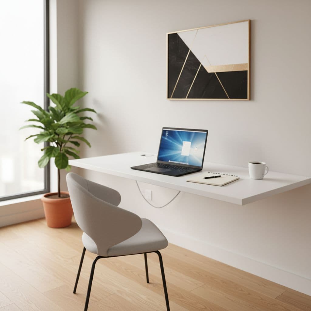 A sleek white desk sits beneath a sunlit window featuring an open laptop, a spiral notebook, and a steaming ceramic coffee mug. Soft natural light illuminates the organized workspace surface area.