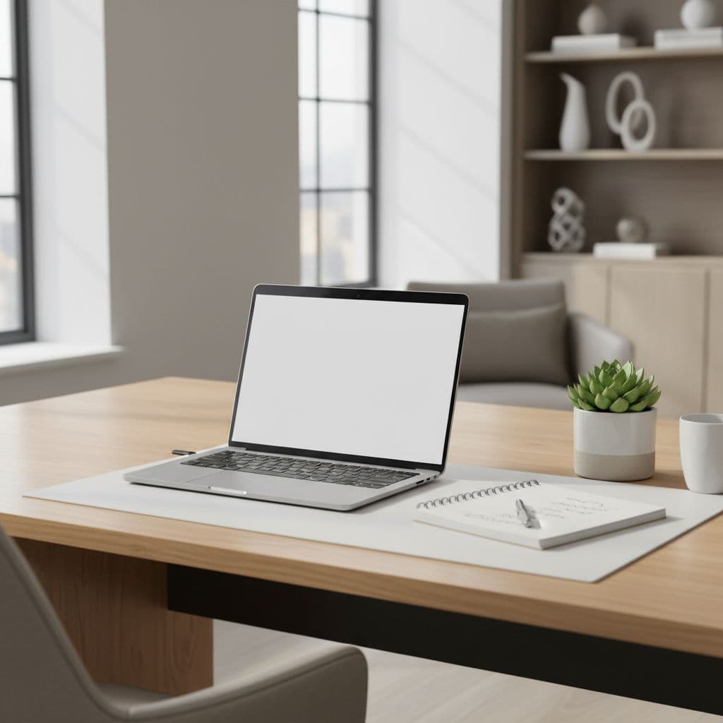 A clean office desk features a laptop, notebook, and a small plant under bright natural light.