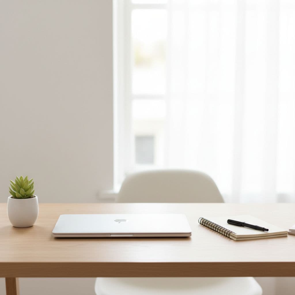 Tidy wooden desk with sleek laptop, notebook, and green plant in bright minimalist office.