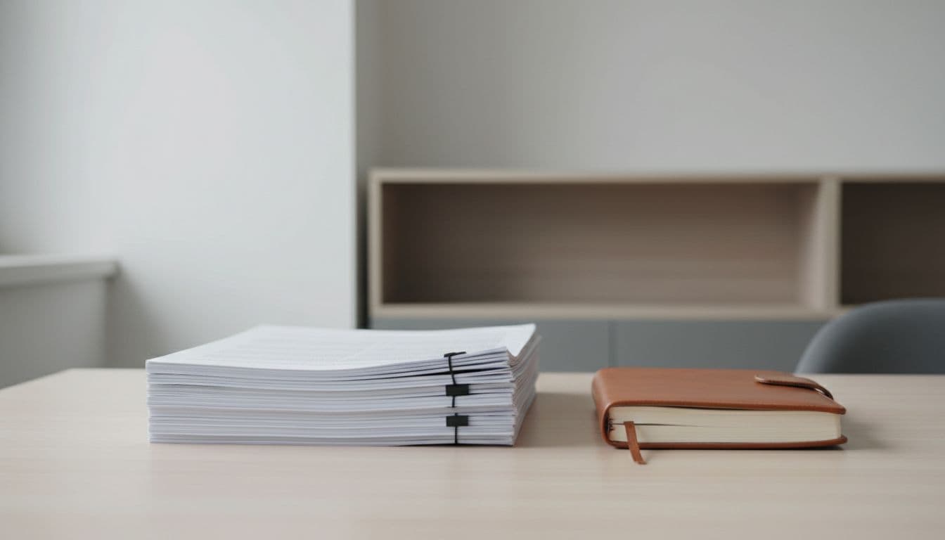 Stack of organized documents and professional notebook on a clean desk in minimalist office.