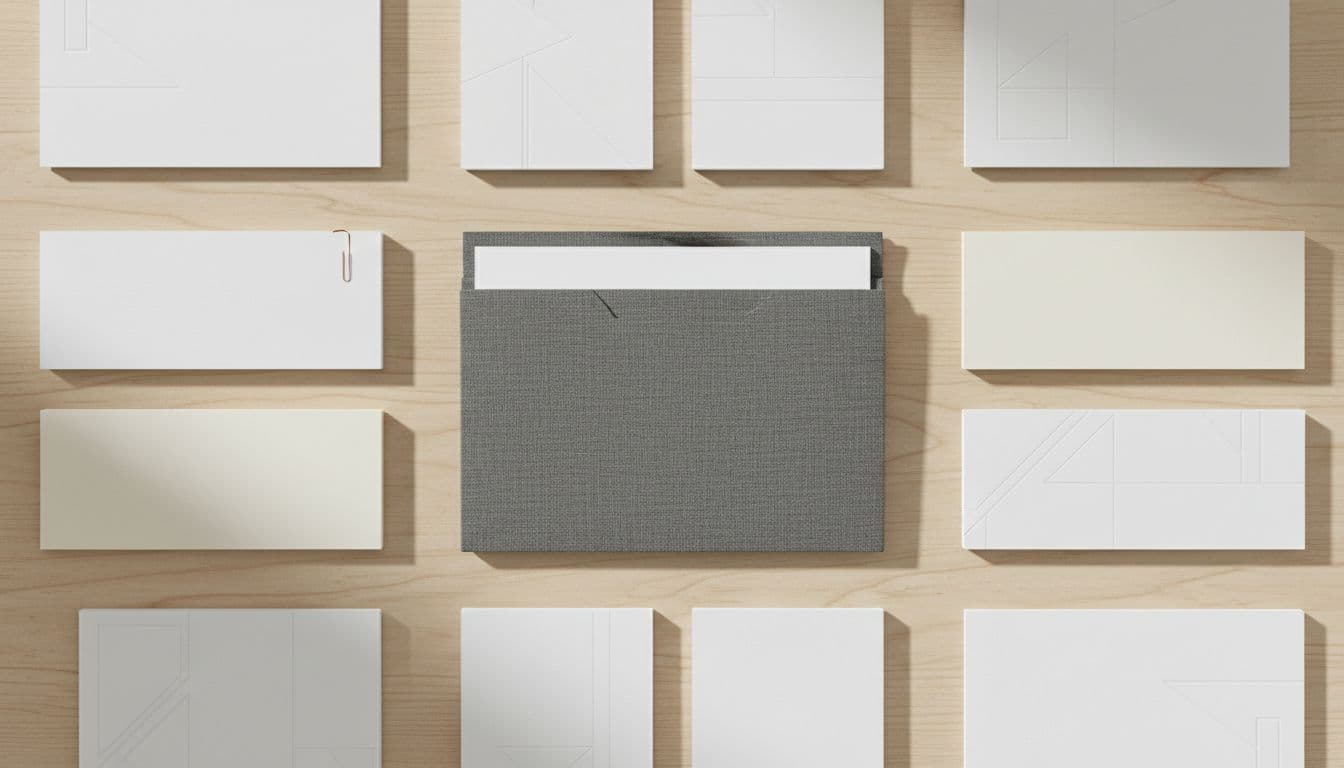 Neatly arranged documents and professional folder on wooden surface in soft light.