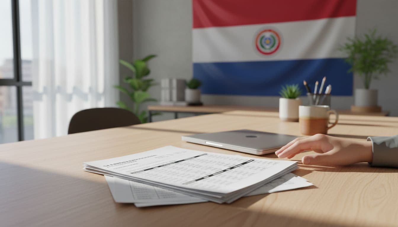 Modern office desk shows payroll calculations, social security forms, closed laptop, coffee mug, hand on papers, subtle Paraguayan flag background.