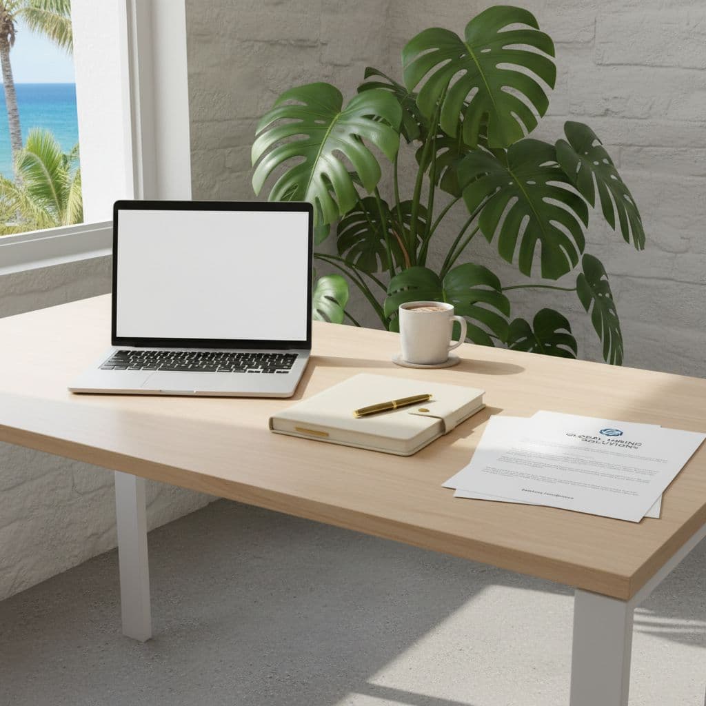 A bright office desk with an open laptop, notepad, and tropical plant in a sunny environment.