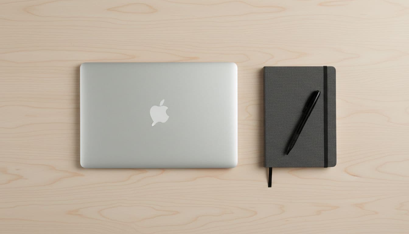 A top-down view shows a sleek laptop positioned next to a closed notebook and a single pen on a clean desk. The organized layout suggests efficiency for managing corporate payroll tasks.
