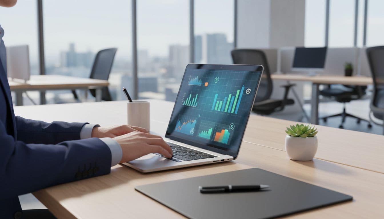A person works on a laptop at a tidy wooden desk in a bright, minimalist office.