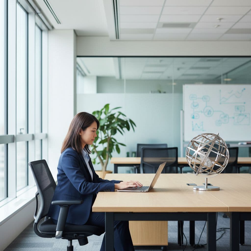 A focused professional works on a laptop in a bright, modern office setting.