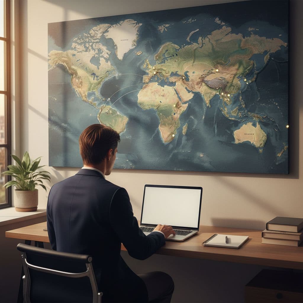 A person works at a clean desk with a laptop against a world map background.
