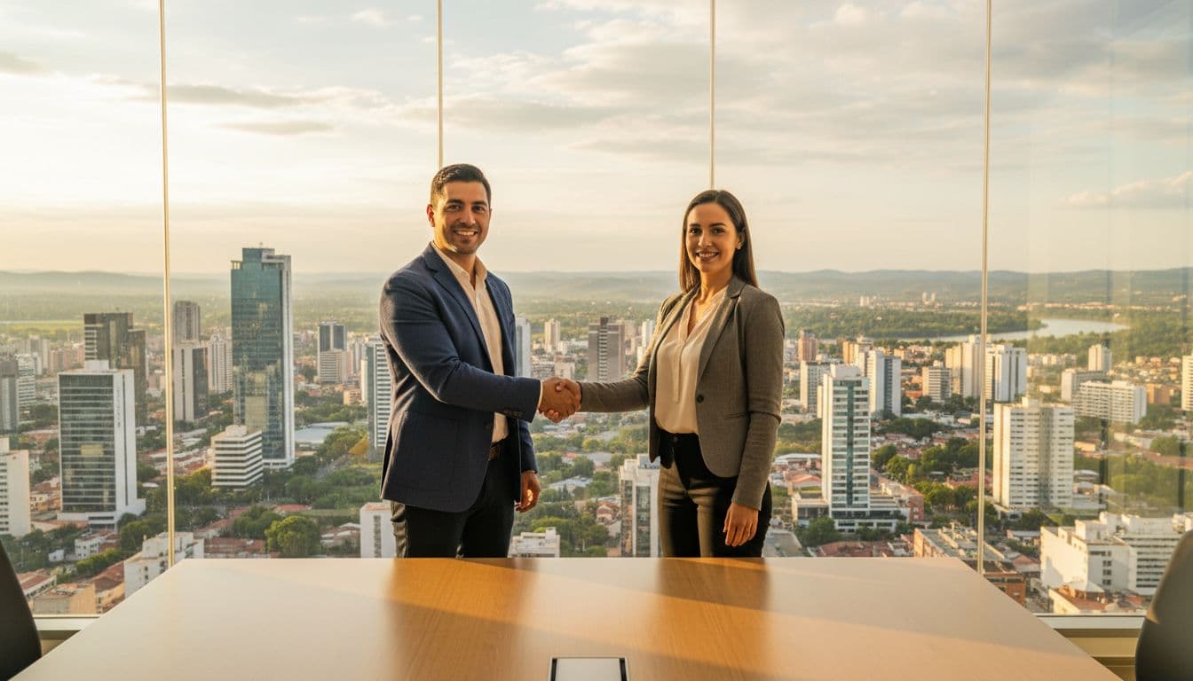 Two professionals in business casual shake hands in modern conference room overlooking Paraguay city skyline.