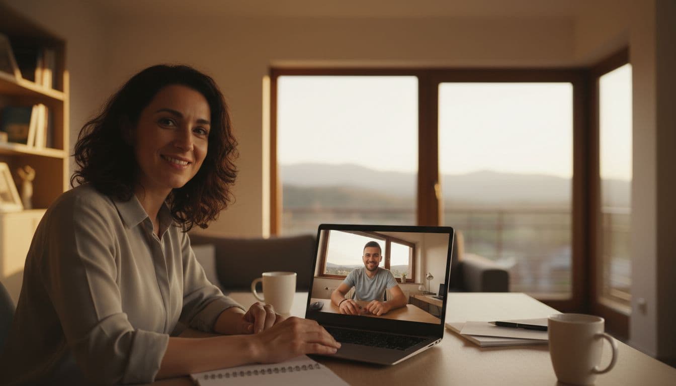 Manager at home office desk on laptop video call with North Macedonian employee on screen, Balkan mountains background.