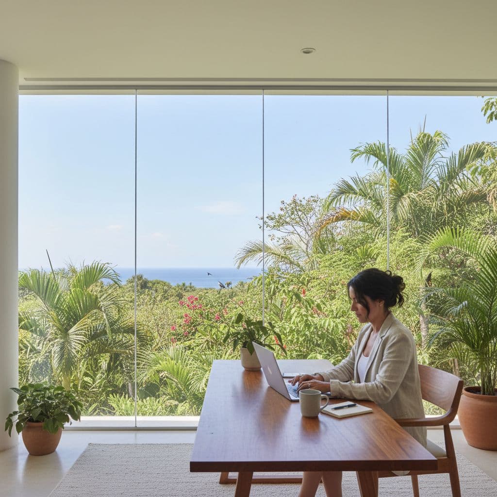 A focused professional sits at a sleek desk using a laptop within a sunlit modern office. Large glass windows offer a vibrant view of lush green palm trees and tropical foliage.